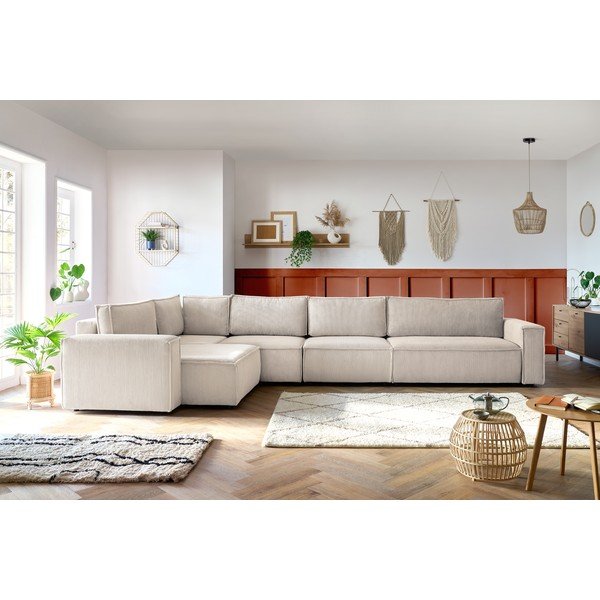 Divano angolare in velluto a coste color crema, angolo sinistro Nihad modular - Bobochic Paris-image-1