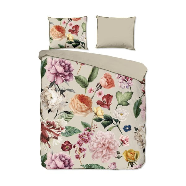 Set copripiumino e federa beige in raso di cotone per letto matrimoniale ed esteso 200x220 cm Fiori – Descanso