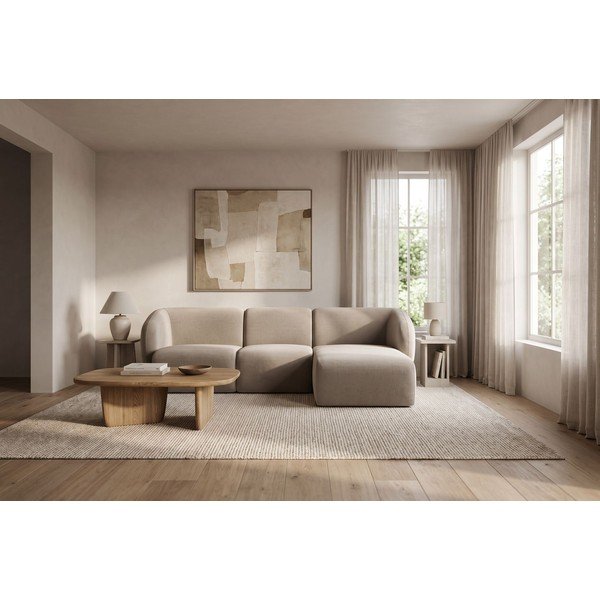 Divano angolare marrone chiaro (con penisola a destra/con chaise lounge) con rivestimento in ciniglia Lani – Makamii-image-1