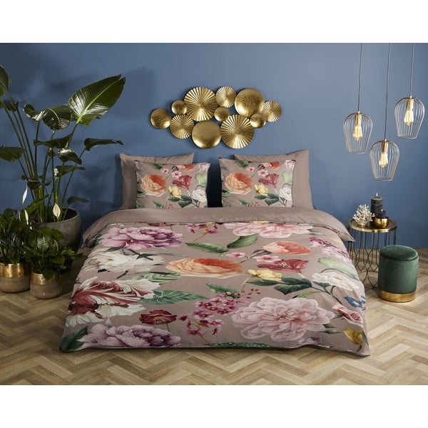 Set copripiumino e federa grigio/marrone in raso di cotone per letto matrimoniale ed esteso 240x220 cm Fiori – Descanso-image-1