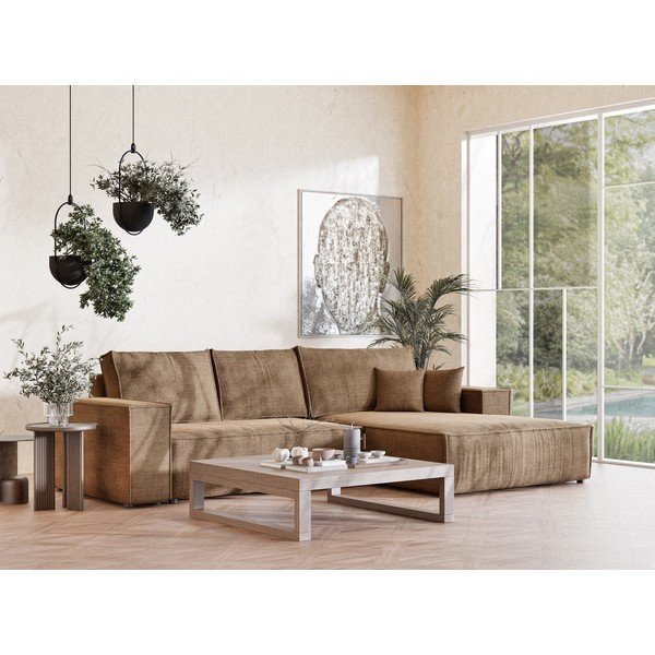 Divano angolare marrone chiaro allungabile/con contenitore (con penisola a destra/con chaise lounge) con rivestimento in ciniglia Maze – Maison de Rêve-image-1