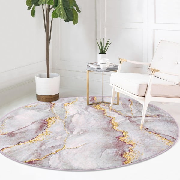 Tappeto rotondo rosa chiaro/dorato lavabile ø 80 cm Marble – Mila Home-image-2
