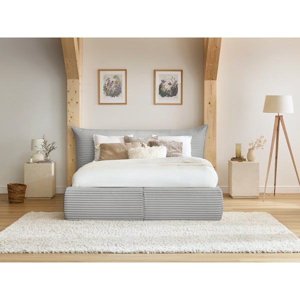 Letto matrimoniale in grigio chiaro imbottito con spazio contenitivo con griglia inclusa 160x200 cm Jade – Bobochic Paris-image-1