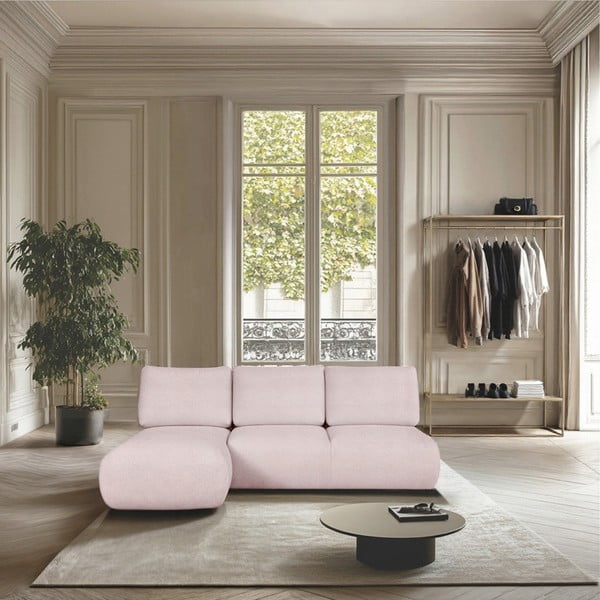 Divano angolare rosa chiaro (con penisola a sinistra e chaise lounge) rivestito in bouclé Mirel – Rodier-image-1