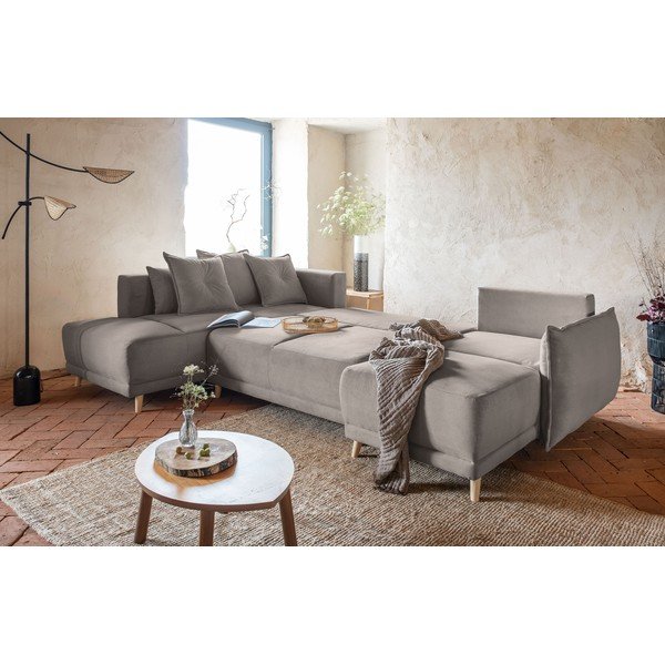 Divano letto angolare in velluto a coste marrone chiaro (angolo sinistro a forma di U) Lazy Lukka - Miuform-image-1