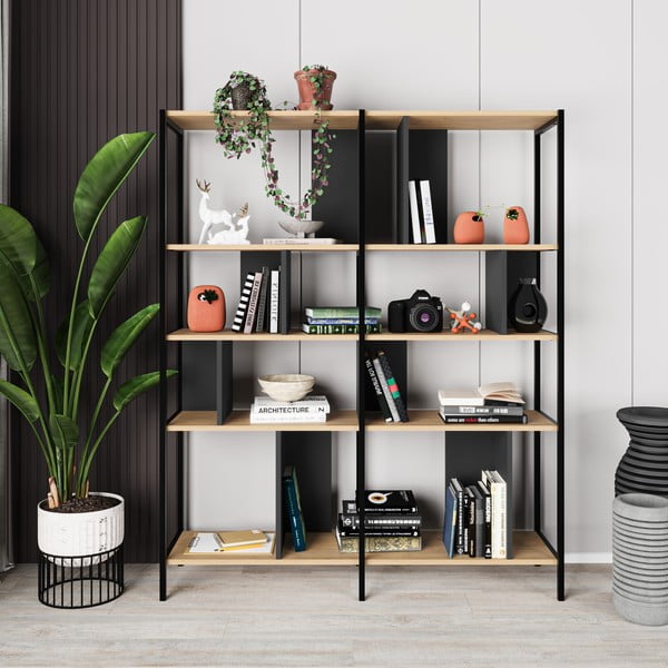 Libreria in rovere decorato in nero-naturale 144x175 cm Alabama - Marckeric-image-3