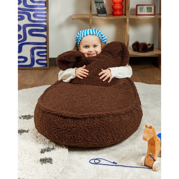 Pouf a sacco per bambini marrone scuro con rivestimento in bouclé Warm Hazel – Wigiwama-image-4