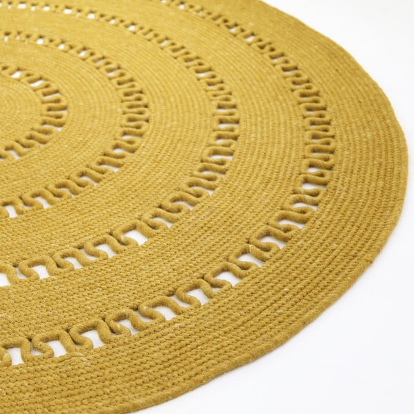 Tappeto giallo senape in misto lana e cotone, fatto a mano, ø 140 cm Bibek - Nattiot-image-4