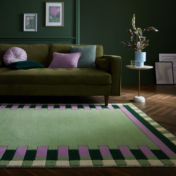 Tappeto verde in lana e viola tessuto a mano 200x290 cm Kai Wool Border - Flair Rugs-image-1