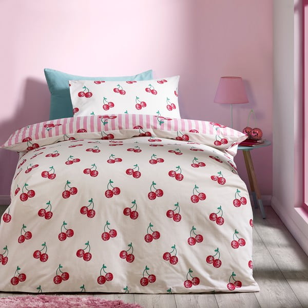 Set copripiumino e federa bianco e rosa per letto singolo 135x200 cm Disco Cherries Stripes – Catherine Lansfield-image-2