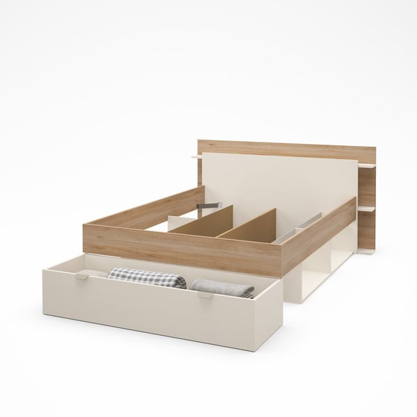 Letto matrimoniale effetto rovere con contenitore senza griglia in colore bianco e naturale 140x190 cm Albo - Marckeric-image-4
