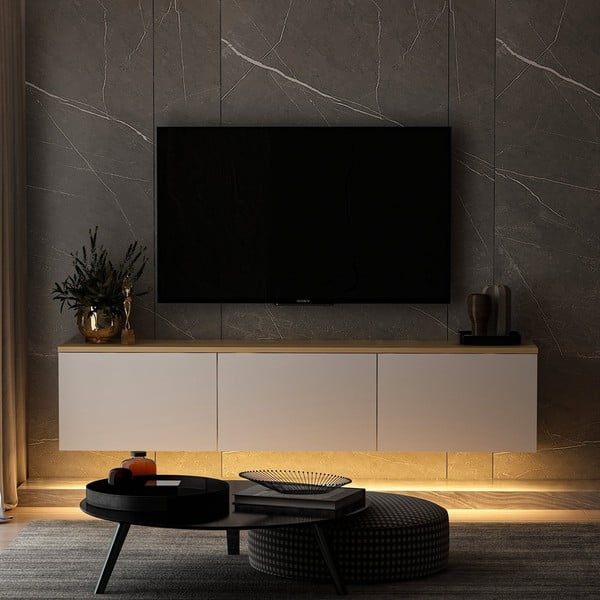 Mobile TV bianco-naturale effetto rovere 160x35x32 cm Neon - Kalune Design-image-3