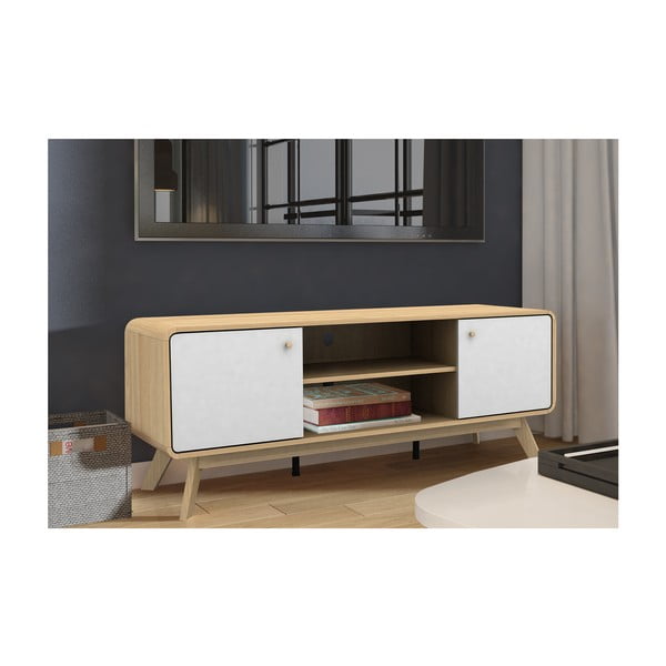 Tavolo TV in rovere decorato in bianco e naturale 140x53 cm Caitlin - Støraa-image-4