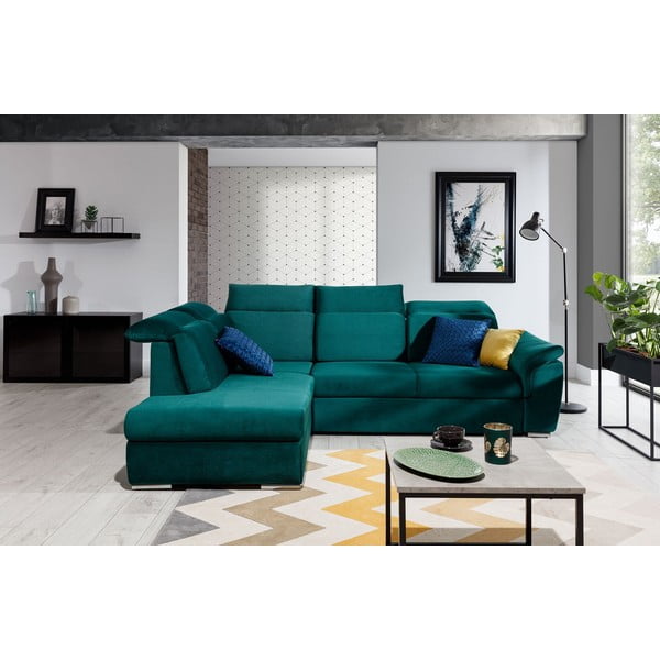 Divano angolare verde allungabile/con contenitore (con penisola a sinistra/a L) e rivestimento in velluto Loreto – ELTAP-image-1