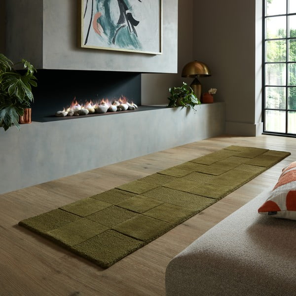 Passatoia in lana kaki tessuta a mano 60x230 cm Checkerboard - Flair Rugs-image-1