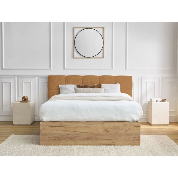 Letto matrimoniale imbottito/in truciolato giallo ocra imbottito con contenitore con rete inclusa 160x200 cm Kumo – Bobochic Paris-image-4