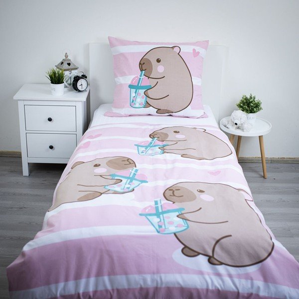 Set copripiumino e federa da bambini rosa in cotone per letto singolo 140x200 cm Kapybara – Jerry Fabrics-image-1