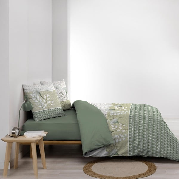 Set copripiumino e federa bianco/verde in cotone per letto matrimoniale ed esteso 240x220 cm Poetine – douceur d'intérieur-image-1