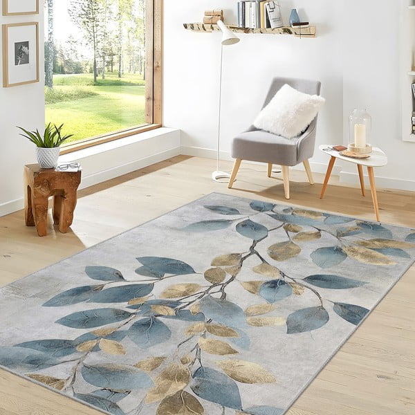 Tappeto azzurro/dorato lavabile 120x180 cm Golden Leaves – Mila Home-image-2