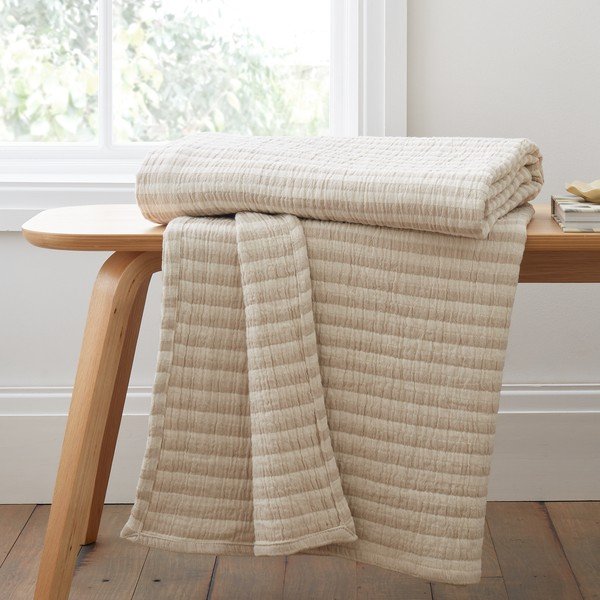 Coperta di colore naturale in cotone 150x200 cm Cotton Muslin Stripe – Bianca-image-1