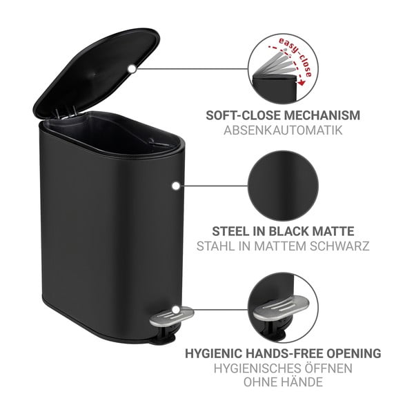 Cestino per la spazzatura nero opaco in acciaio con pedale 5 l Collungo – Wenko-image-3