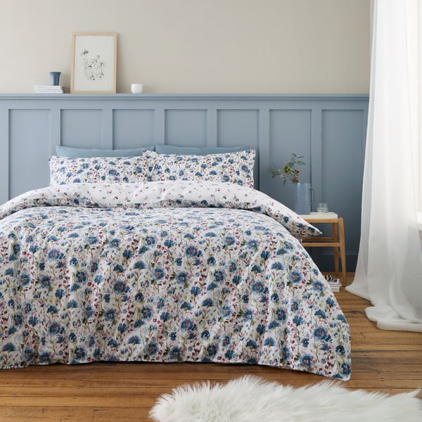 Biancheria da letto singola in flanella bianca e blu 135x200 cm Ophelia Floral - Bianca