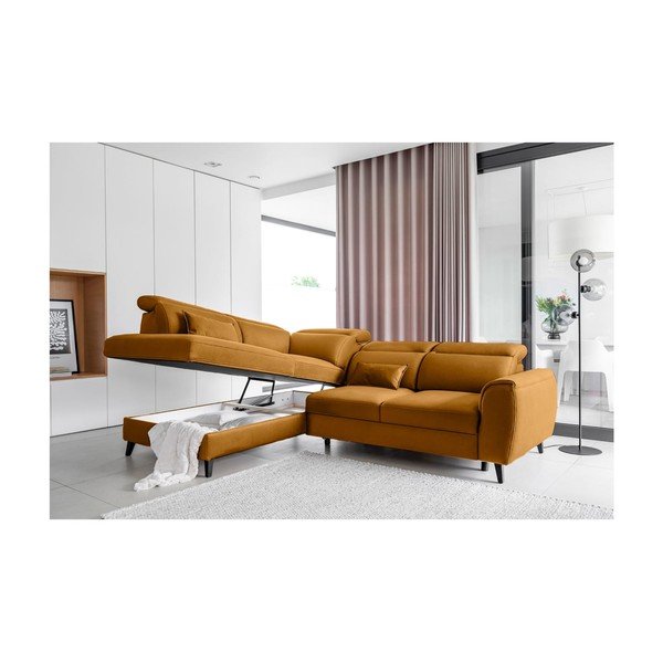 Divano angolare giallo allungabile/con contenitore (con penisola a sinistra/a L) e rivestimento in velluto Noble – ELTAP-image-3