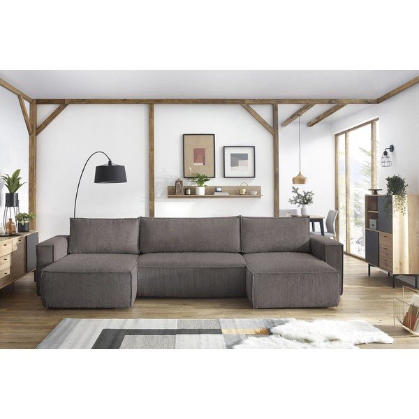 Divano letto angolare a "U" in velluto a coste grigio scuro Nihad - Bobochic Paris-image-1