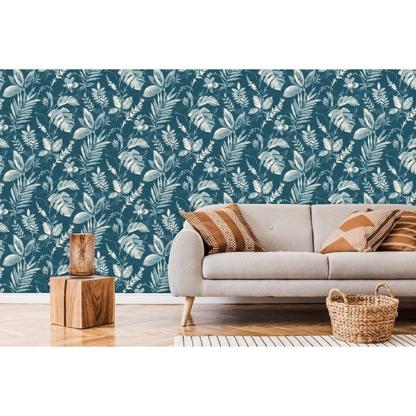 Carta da parati in lana 10 m x 53 cm Blue Leaves - Vavex-image-1