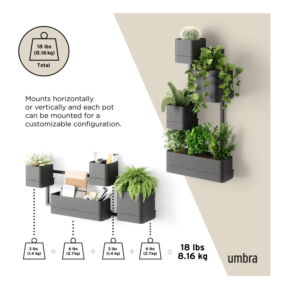 Cobble Trio Design Vaso Per Erbe Aromatiche Con Sistema Di Irrigazione A Stoppino, Per 3 Vasi, Antracite, 39x14.5x13.8 Cm