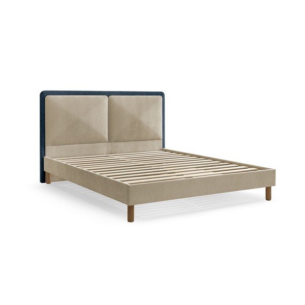 Letto matrimoniale imbottito blu/beige imbottito con rete inclusa 180x200 cm Mara – Bobochic Paris