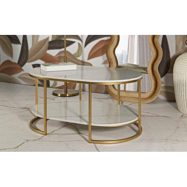 Tavolino da salotto bianco/dorato con piano in marmo 60x90 cm Izmir – Mauro Ferretti-image-1