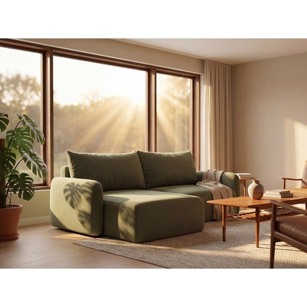 Divano angolare marrone chiaro allungabile/con contenitore Kalena – Makamii-image-1