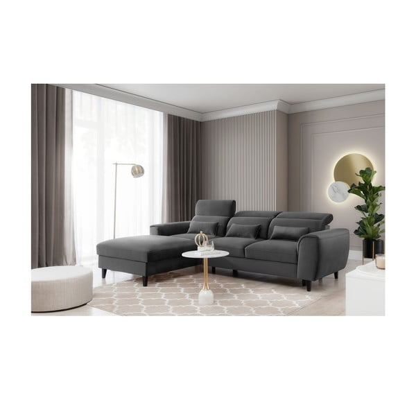 Divano angolare grigio scuro allungabile/con contenitore (con penisola a sinistra/con chaise lounge) e rivestimento in velluto Foble – ELTAP-image-3