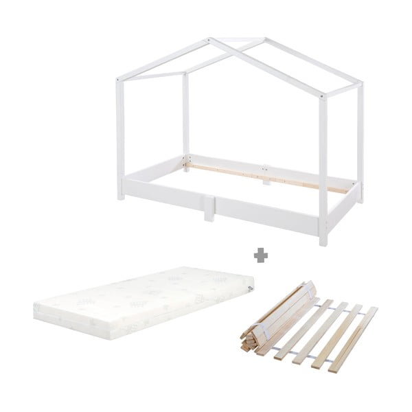 Letto da bambini a forma di casa bianco in legno massiccio con materasso incluso e rete inclusa 70x140 cm Montessori – Roba