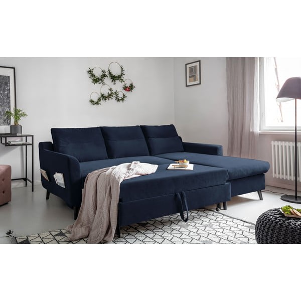 Divano letto angolare in velluto blu scuro, angolo destro Stylish Stan - Miuform-image-4