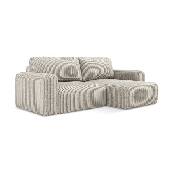Divano angolare beige allungabile/con contenitore (con penisola a destra/con chaise lounge) con rivestimento in velluto a coste Kona – Makamii-image-2