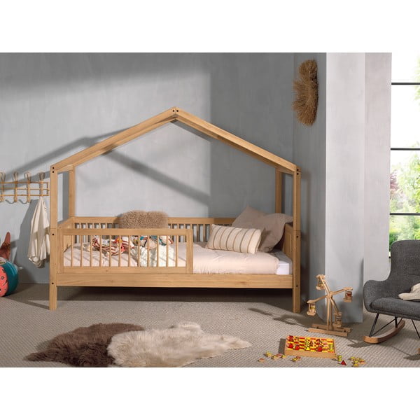 Letto da bambini a forma di casa di colore naturale in rovere massiccio con rete inclusa 90x200 cm Forrest – Vipack-image-1