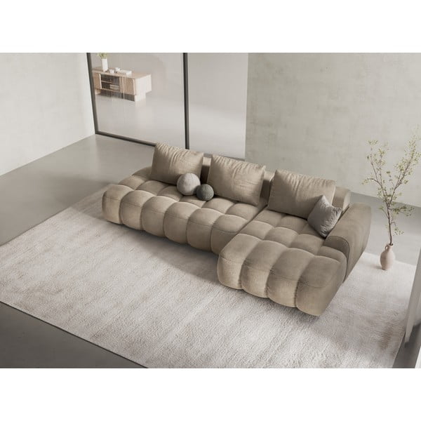 Divano angolare beige allungabile/con contenitore (con penisola a destra/con chaise lounge) con rivestimento in velluto Linz – Cosmopolitan Design-image-1