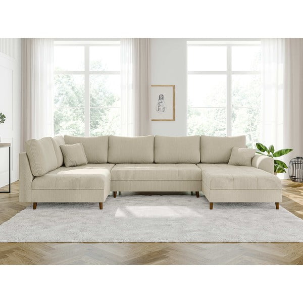 Divano angolare in velluto a coste color crema (angolo destro/U) Ariella - Ropez-image-1