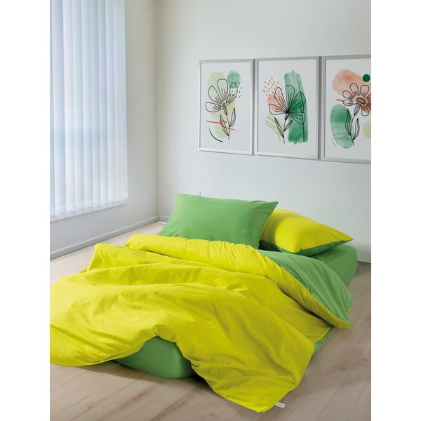 Set copripiumino e federa giallo/verde in cotone renforcé per letto matrimoniale/per letto esteso con lenzuolo incluso/4 pezzi 200x220 cm Sage – Mijolnir-image-1