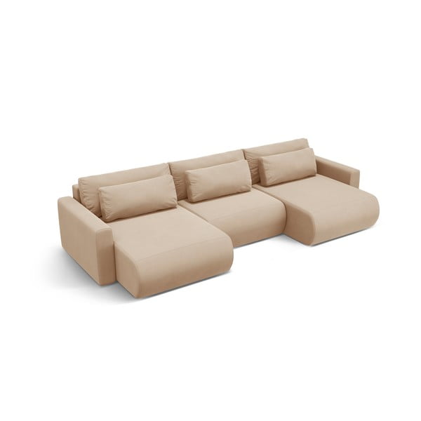 Divano angolare marrone chiaro allungabile con contenitore (a U) e rivestimento in velluto Belfast – Cosmopolitan Design-image-2