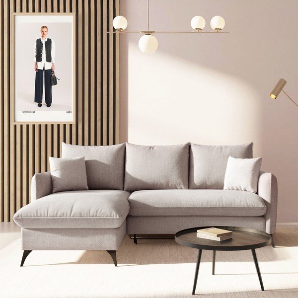 Divano angolare grigio allungabile e con contenitore (con penisola a sinistra e chaise lounge) rivestito in bouclé Brim – Rodier-image-1