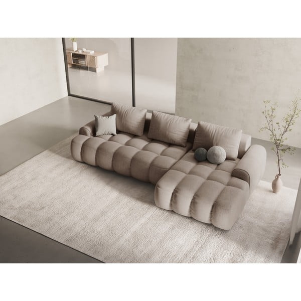 Divano angolare marrone chiaro allungabile/con contenitore (con penisola a destra/con chaise lounge) Linz – Cosmopolitan Design-image-1