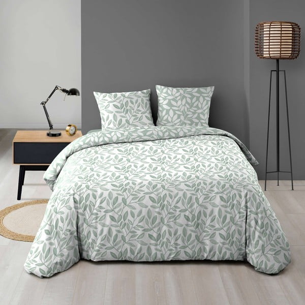 Set copripiumino e federa bianco/verde in microfibra per letto matrimoniale ed esteso 240x220 cm Sequoia – douceur d'intérieur