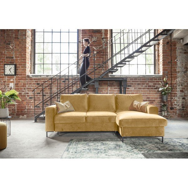 Divano letto angolare in velluto giallo senape , angolo destro Lofty Lilly - Miuform-image-1