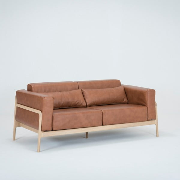 Divano in pelle di bufalo marrone cognac con struttura in rovere massiccio , 180 cm Fawn - Gazzda-image-3