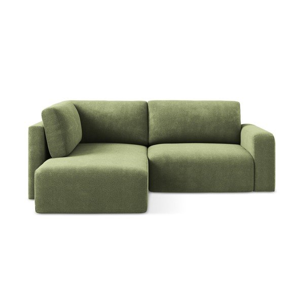 Divano angolare verde allungabile/con contenitore (con penisola a sinistra/a L) con rivestimento in ciniglia Kona – Makamii