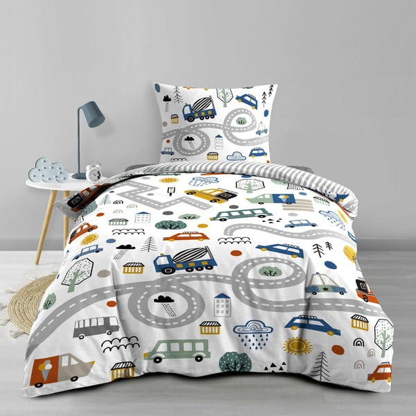 Set copripiumino e federa da bambini bianco in cotone per letto singolo 140x200 cm Pti Bolide – douceur d'intérieur
