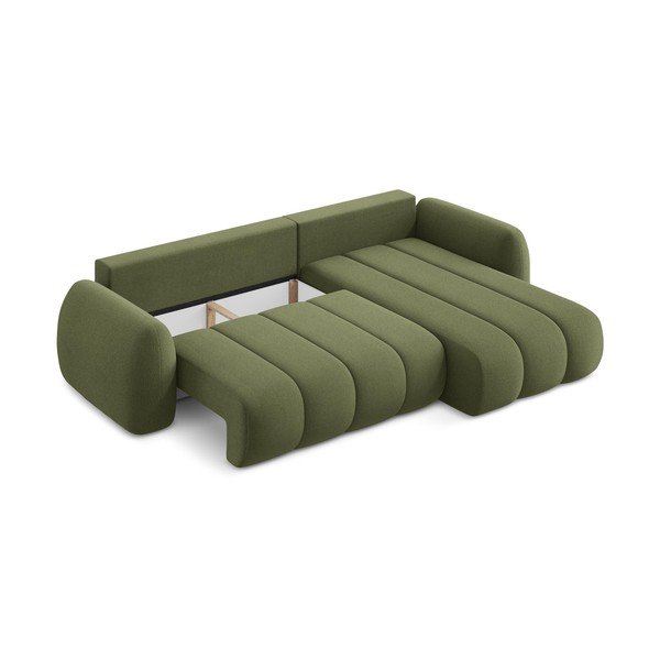 Divano angolare verde allungabile/con contenitore (con penisola a destra/con chaise lounge) con rivestimento in bouclé Pele – Makamii-image-3